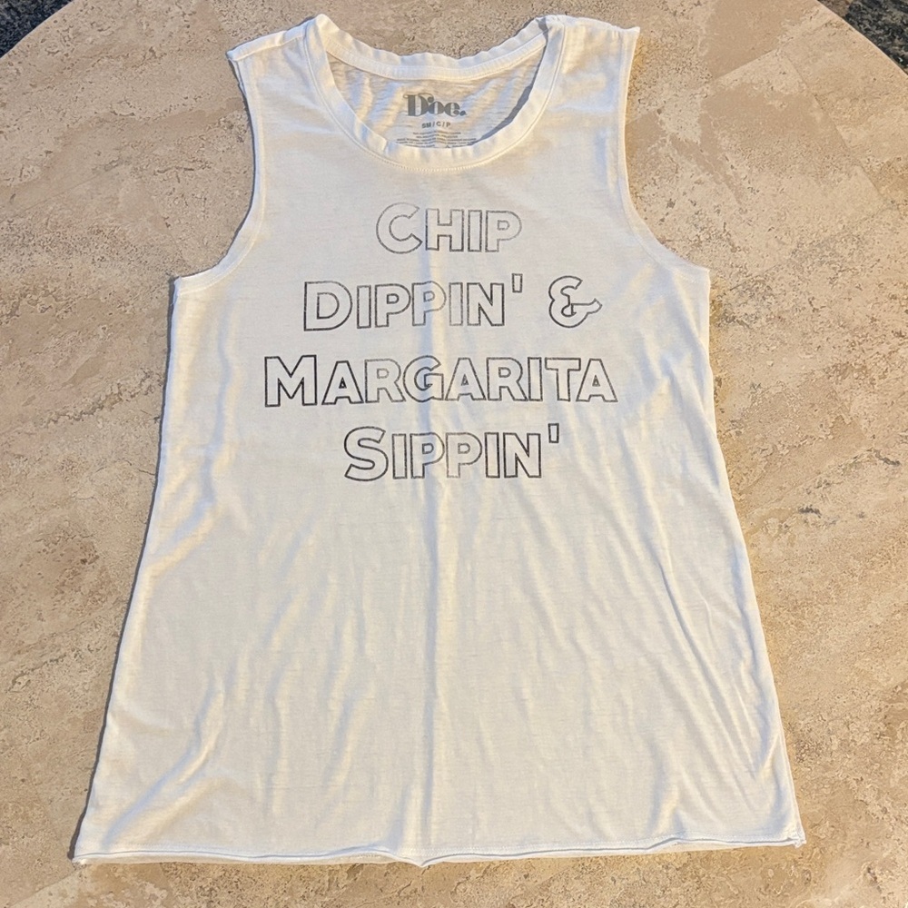 DOE size small Chip Dippin & Margarita sippin White Graphic Tank Top